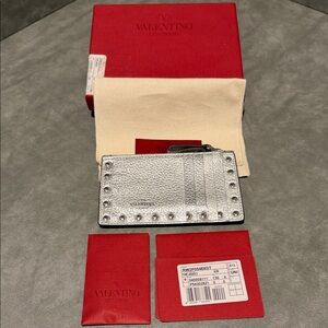 Valentino collectors item: Metallic Silver Rock Stud Card Case with zip pouch